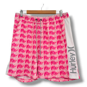 Hurley Men's Volley Pink‎ Waves Lined Swim Trunks Shorts Pink White Size XL
